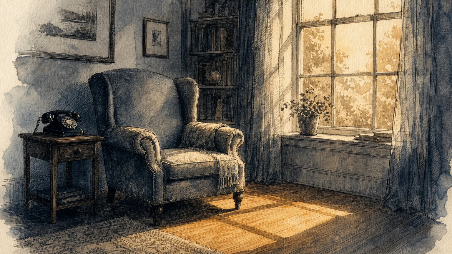 An empty armchair next to a window with a silent phone on a side table, illustrated in a soft watercolor style.