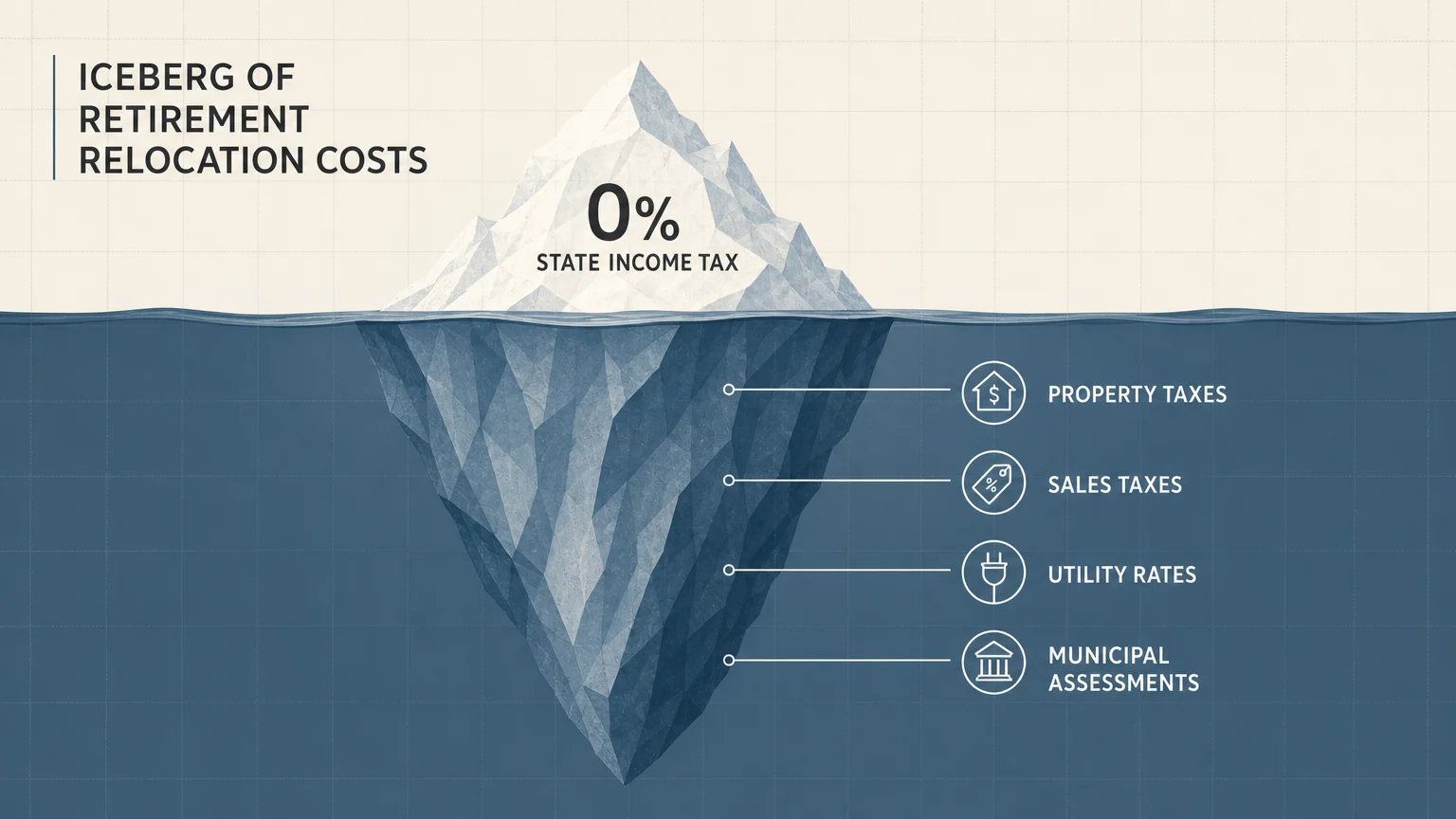 An iceberg diagram showing '0% State Income Tax' above water and hidden costs like property and sales taxes below.