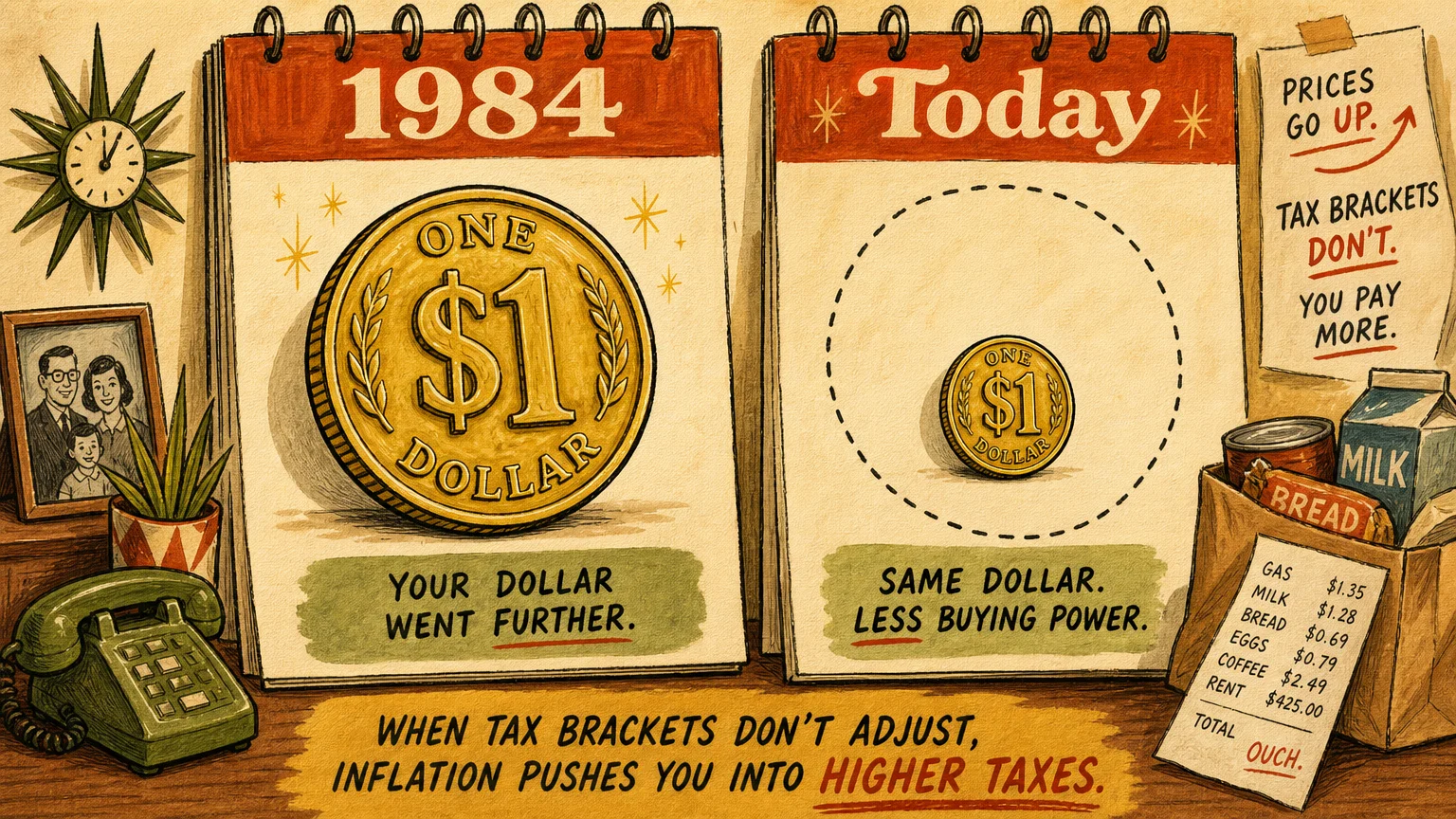 An illustration comparing a robust dollar in 1984 with a shrunken dollar today, representing how inflation has eroded the tax thresholds.