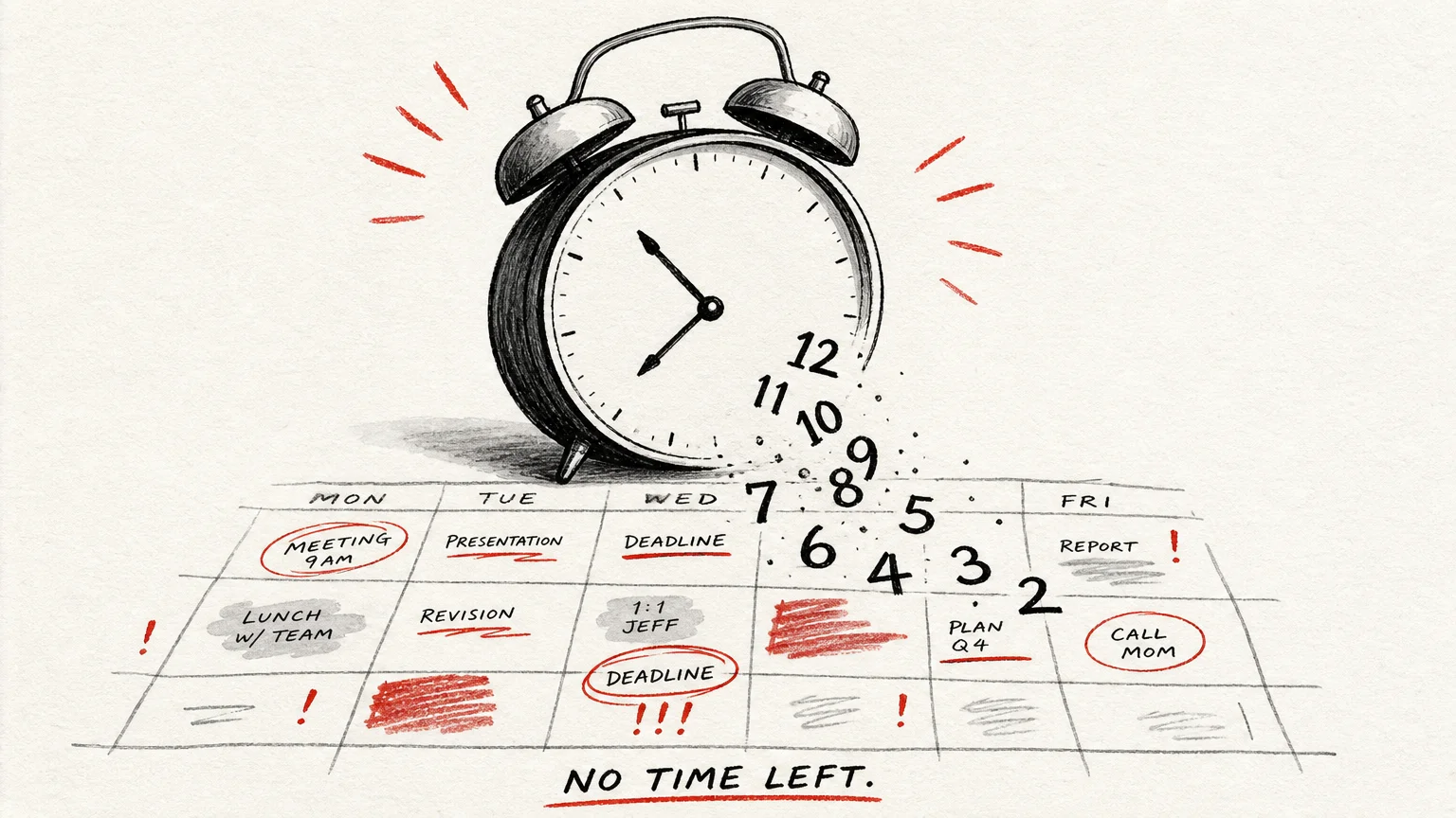 An illustration of a clock with numbers spilling onto a calendar, symbolizing the mistake of overscheduling.