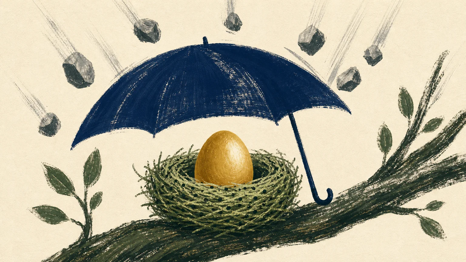 An illustration of a golden egg in a nest protected by a sturdy navy blue umbrella from falling stones.