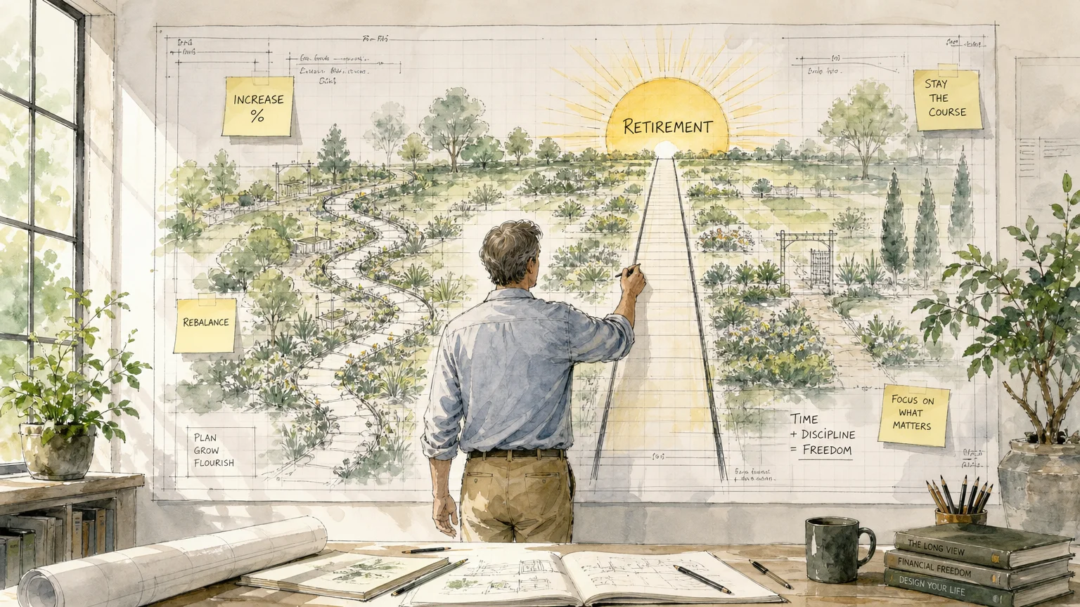 An illustration of a person re-drawing a path on a large blueprint to lead toward a retirement goal.
