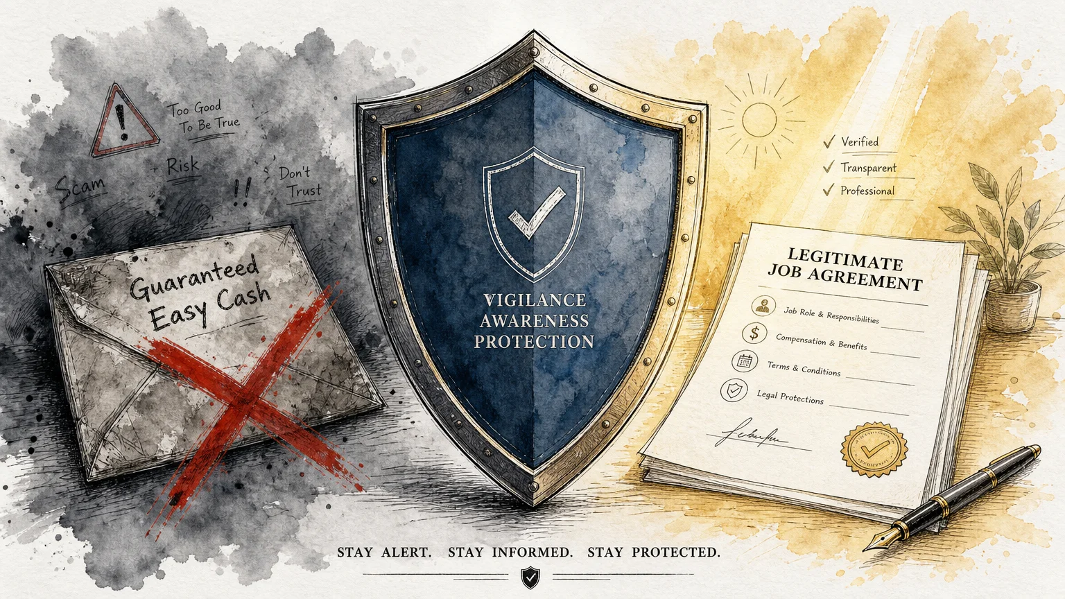 An illustration of a protective shield blocking a scam job offer while safely keeping a legitimate contract.