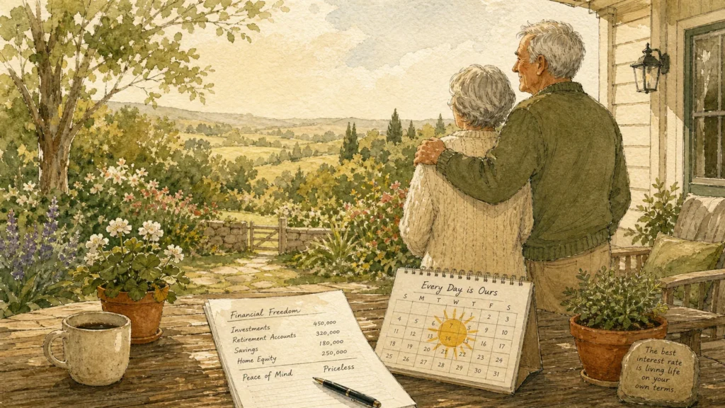 An illustration of a retired couple standing on their sunny porch, looking out at a garden, symbolizing financial peace of mind.