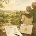 An illustration of a retired couple standing on their sunny porch, looking out at a garden, symbolizing financial peace of mind.
