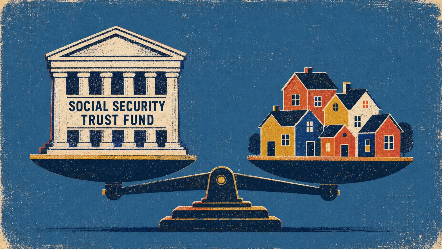 An illustration of a scale balancing a government building representing the Trust Fund against blocks representing households.