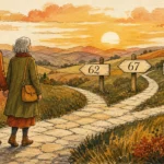 An illustration of an older couple walking along a path toward markers labeled 62, 67, and 70, representing retirement claiming ages.