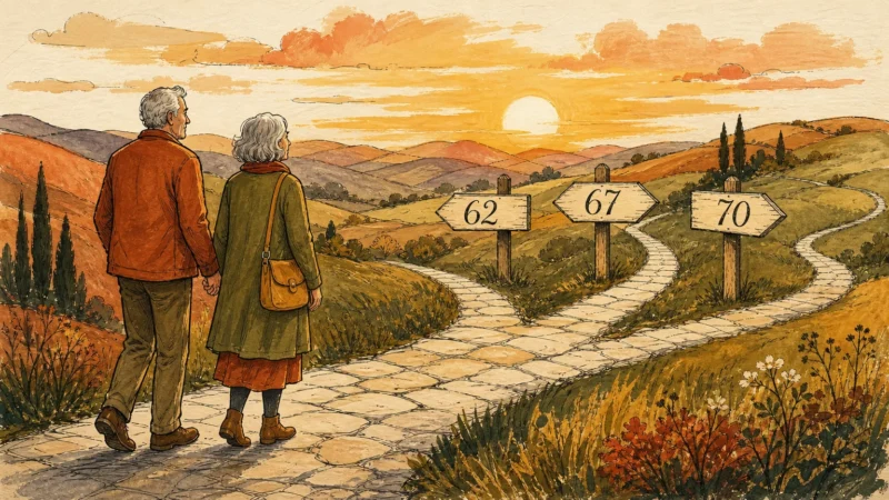 An illustration of an older couple walking along a path toward markers labeled 62, 67, and 70, representing retirement claiming ages.