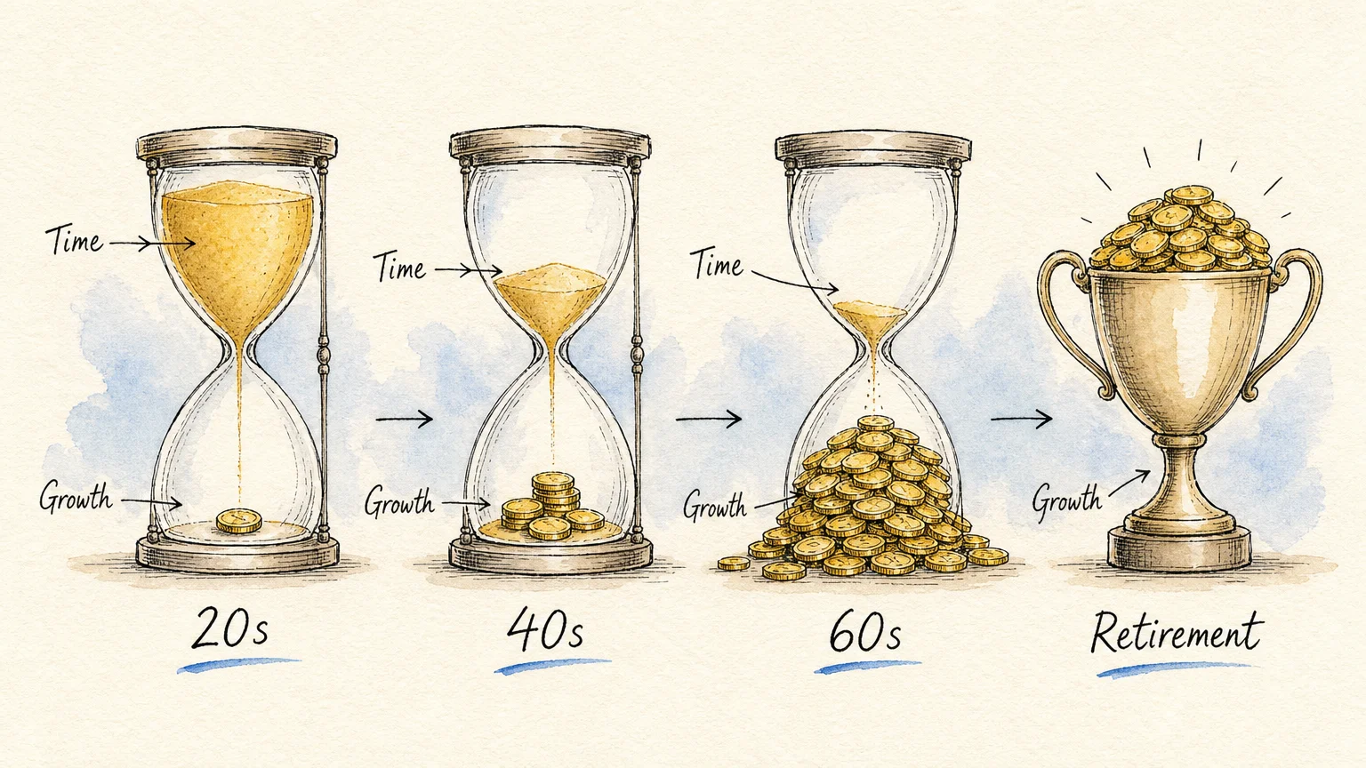 An illustration of four hourglasses showing sand turning into coins over the decades of a career.