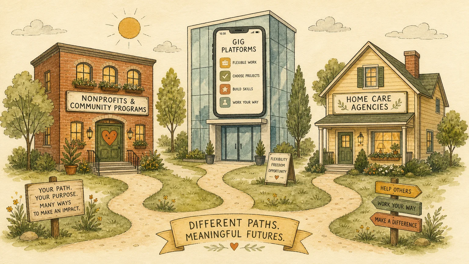 An illustration of three friendly buildings representing nonprofits, gig platforms, and agencies along a path.