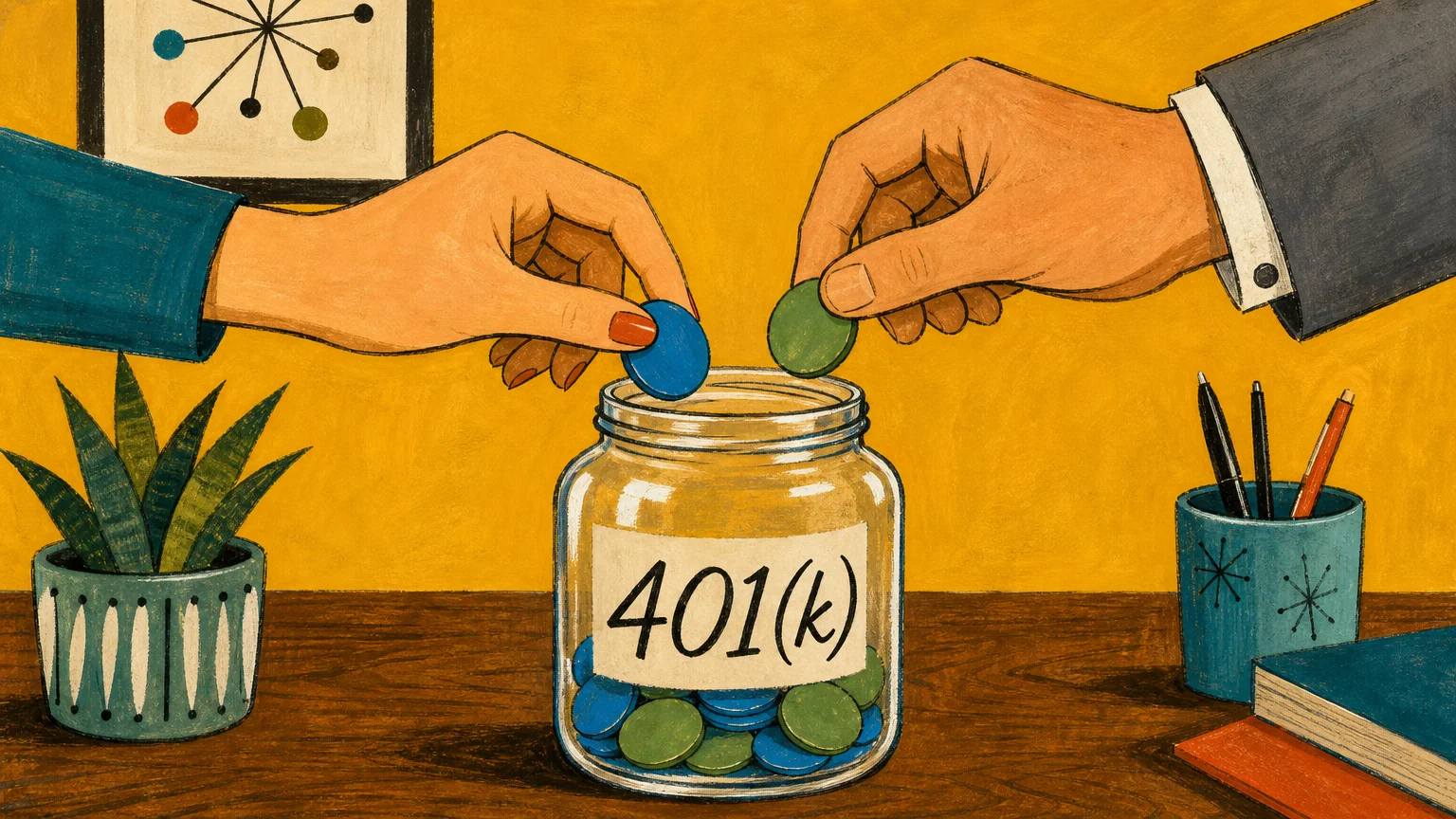 An illustration of two different hands simultaneously putting coins into the same 401(k) jar.