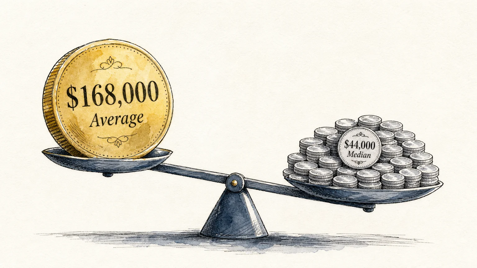 An illustration showing a heavy '$168,000 Average' coin outweighing a group of smaller coins labeled '$44,000 Median'.