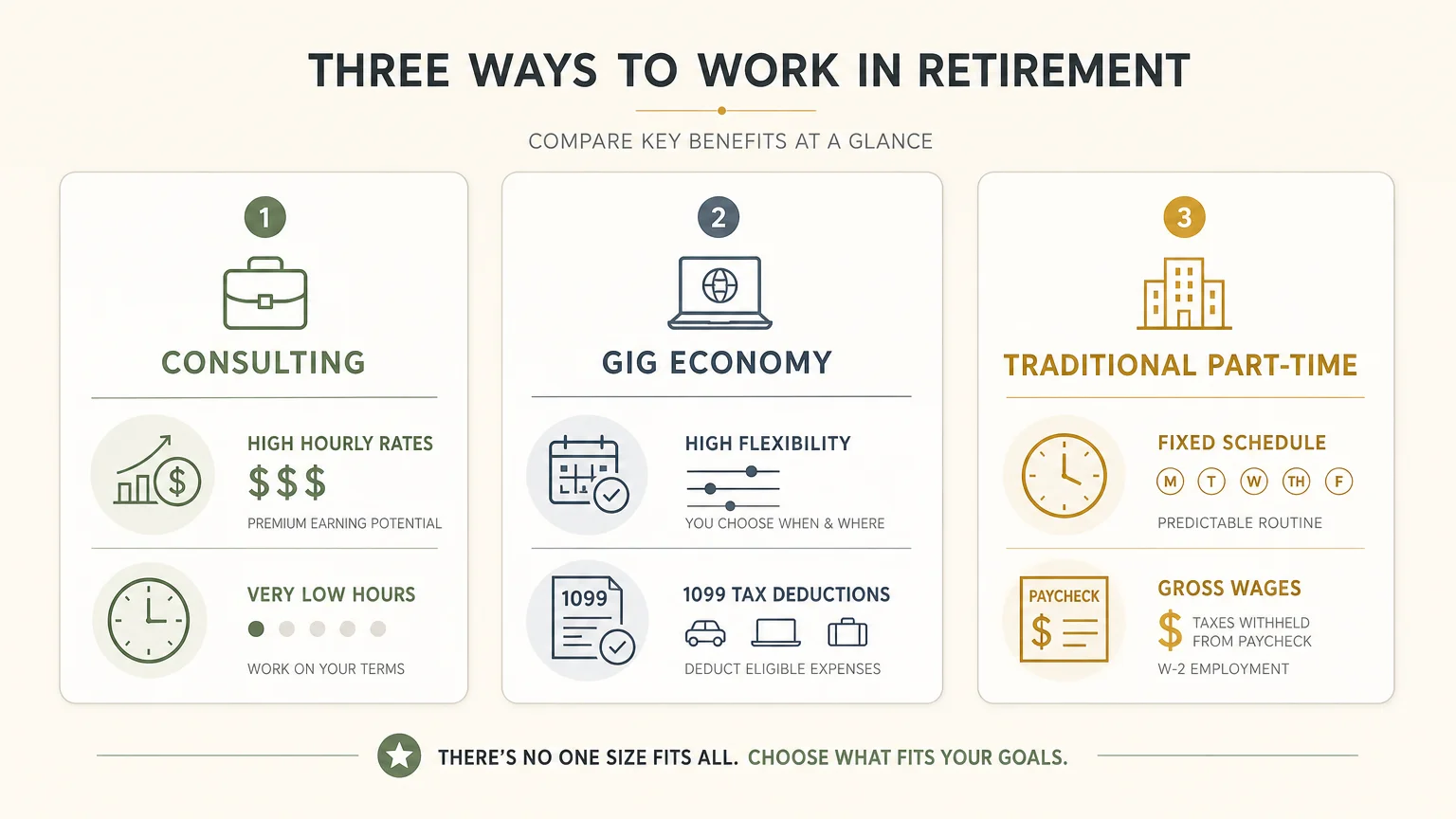 An infographic comparing Consulting, Gig Economy, and Traditional Part-Time jobs across pay, flexibility, and tax rules.