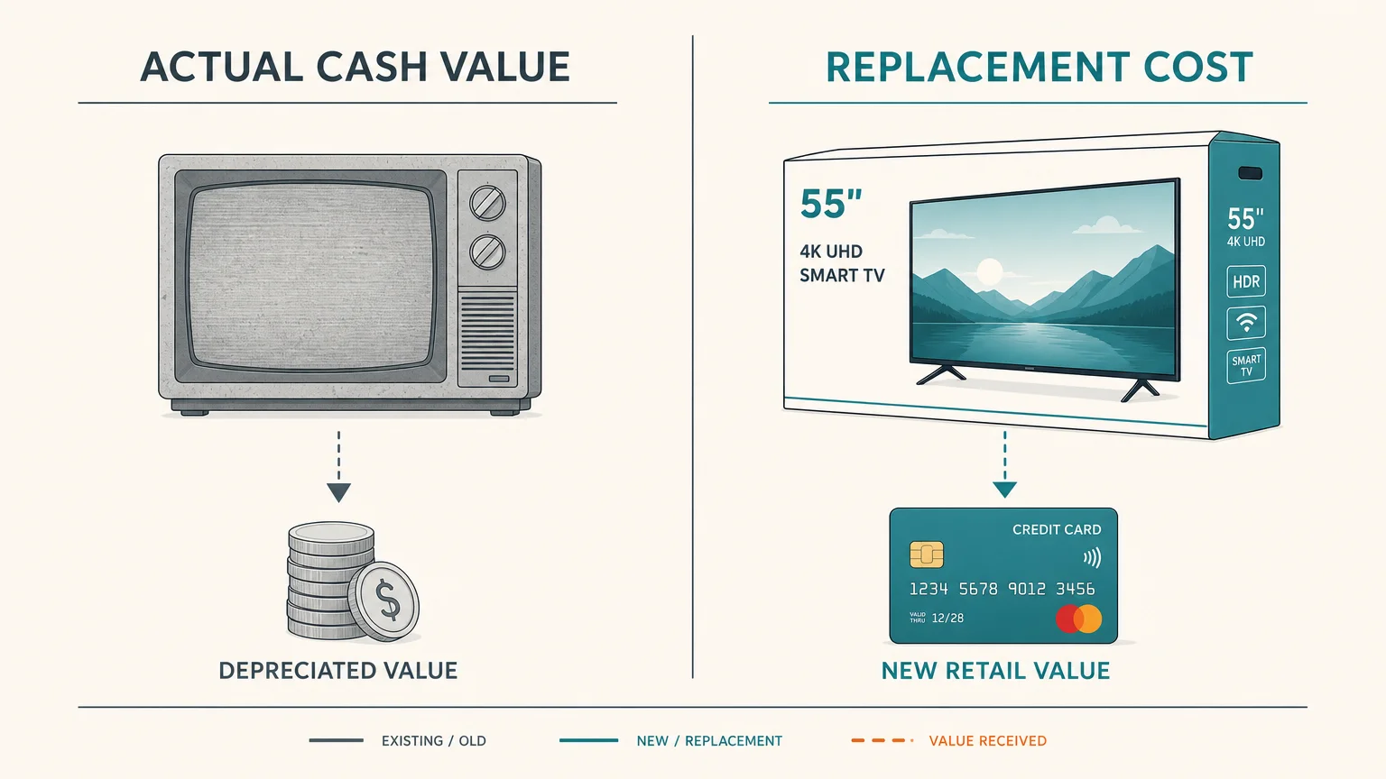 An infographic contrasting Actual Cash Value with Replacement Cost, showing depreciated value versus new retail value.