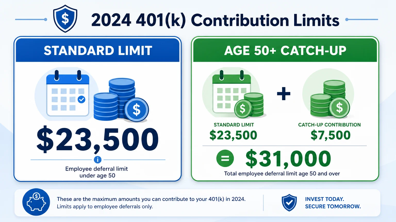 An infographic displaying the 2026 IRS 401(k) contribution limits for standard and catch-up categories.