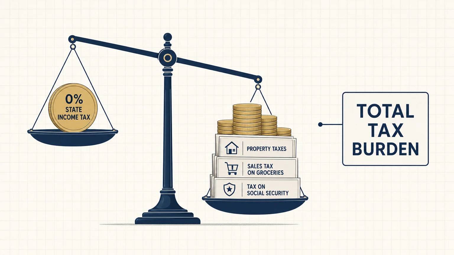 An infographic showing a balance scale where 'No Income Tax' is outweighed by 'Property Tax' and 'Sales Tax'.