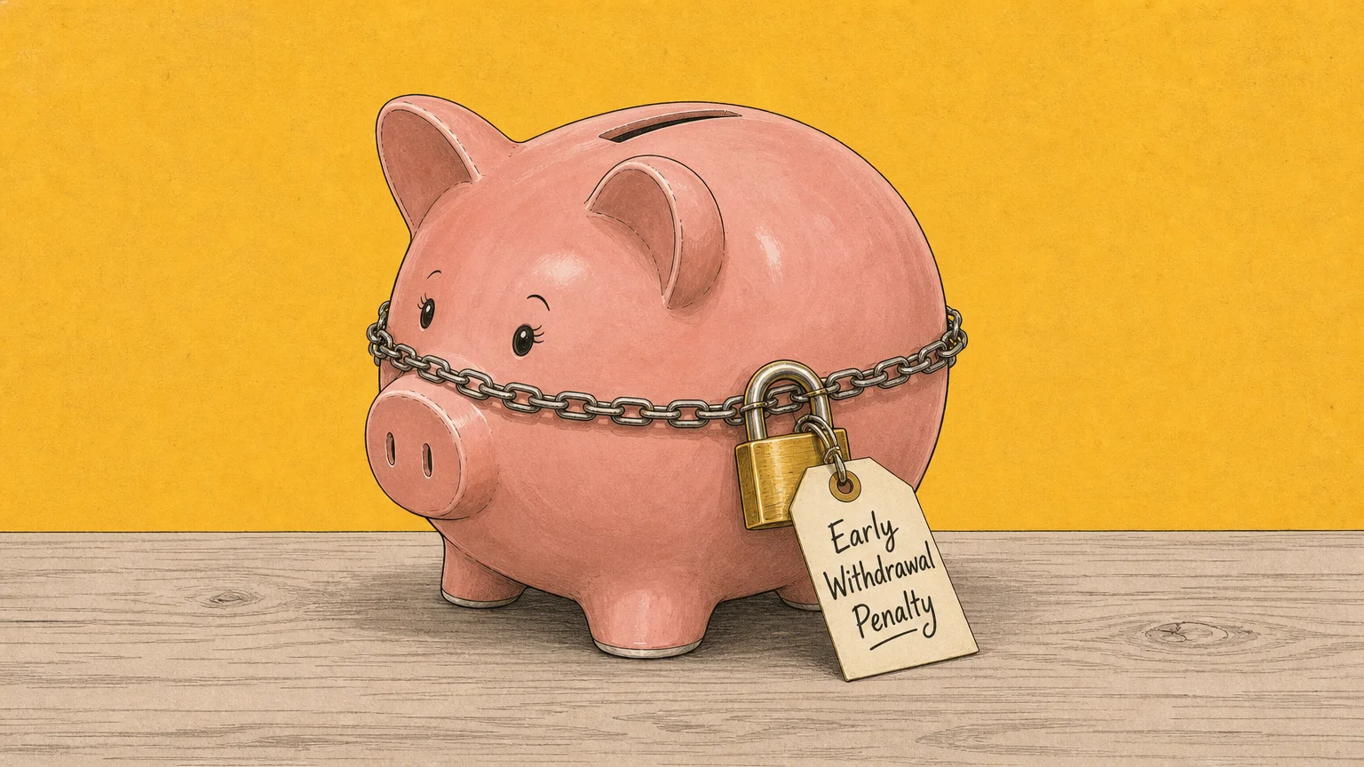 An ink and gouache illustration of a pink piggy bank wrapped in a small chain with a brass padlock labeled Early Withdrawal Penalty.