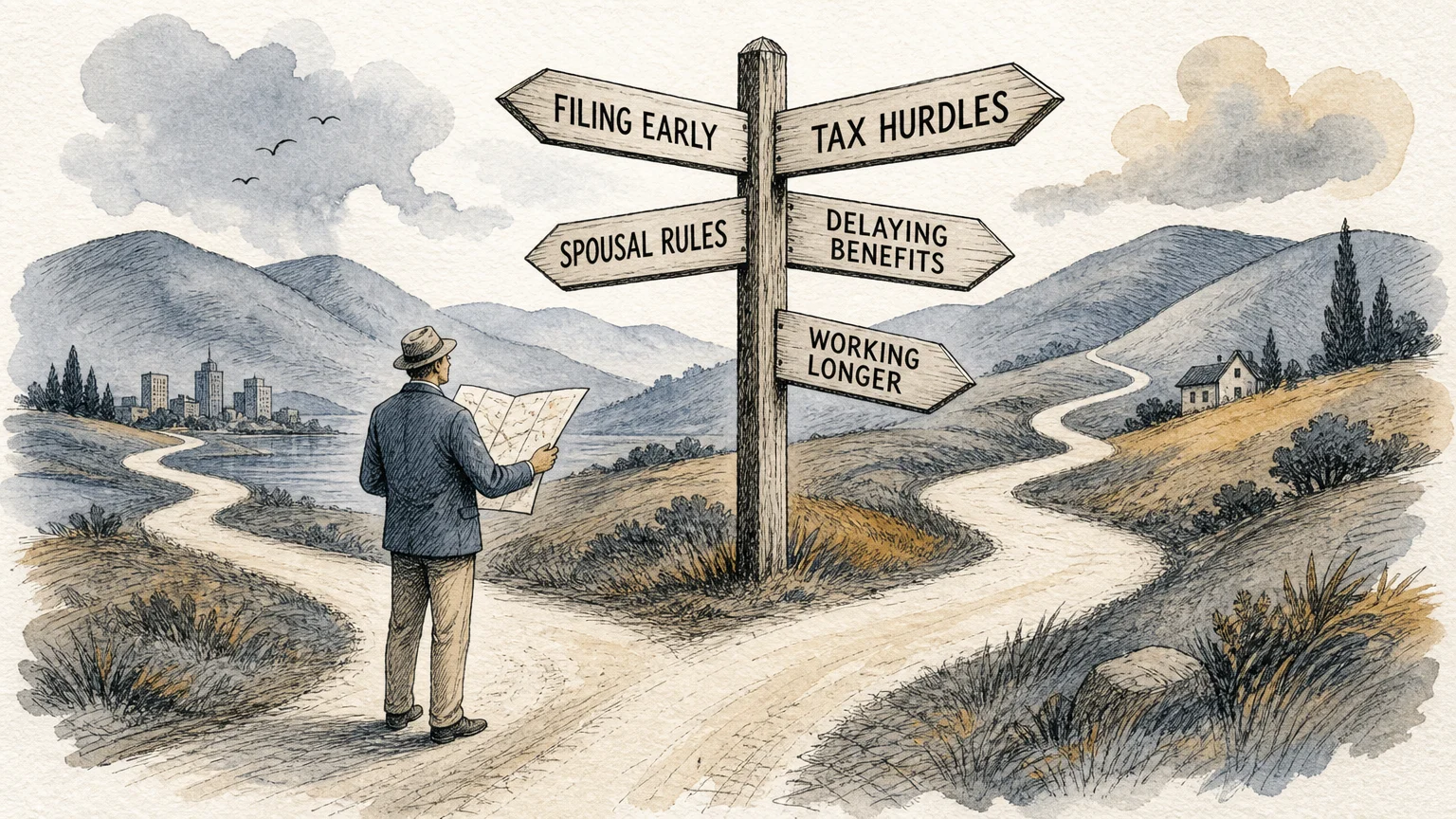 An ink-and-wash illustration of a person at a path crossroads with signposts pointing to various retirement filing pitfalls.