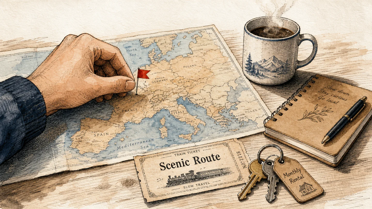 An ink and watercolor drawing of a travel map, a train ticket, and rental keys, symbolizing budget travel strategies.