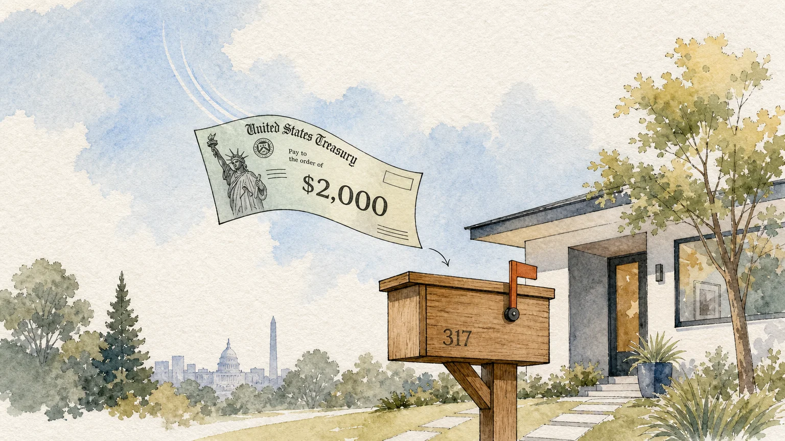 An ink and watercolor illustration of a $2,000 Treasury check floating down gently into a home mailbox.