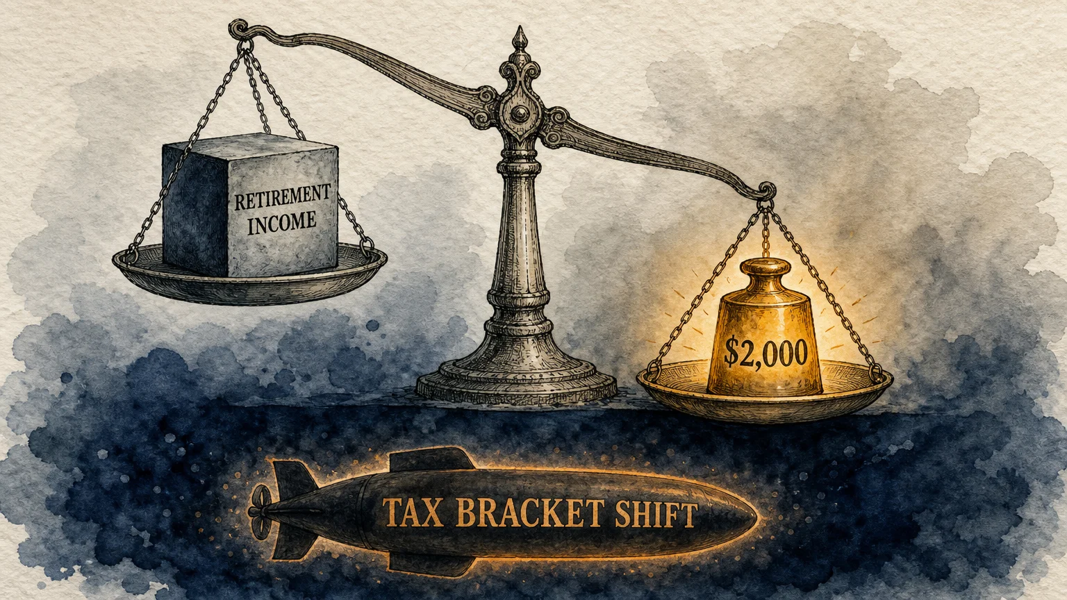 An ink and watercolor illustration of a balance scale tipping, revealing a hidden tax bracket shift below.
