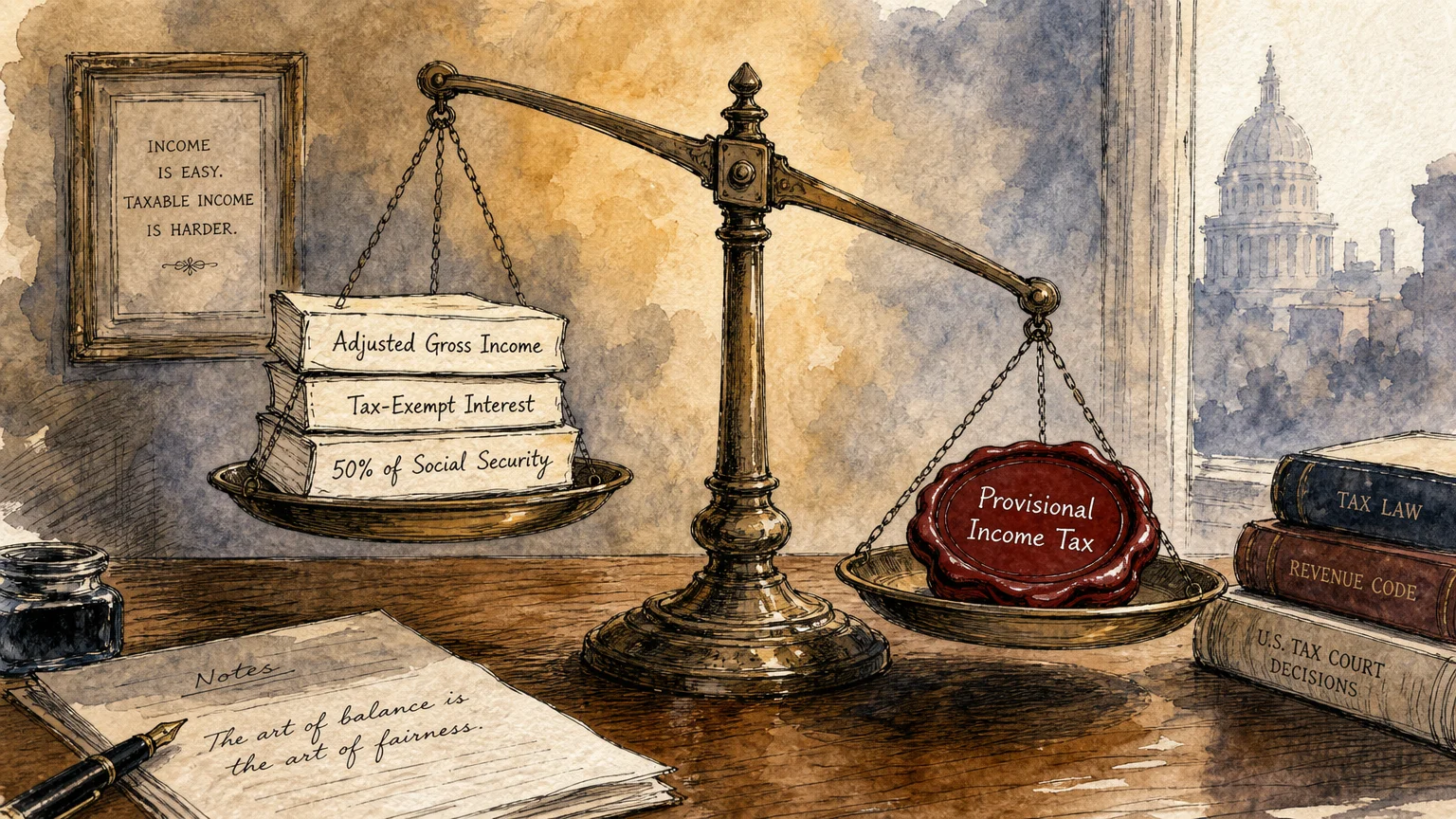 An ink and watercolor illustration of a balance scale weighing adjusted gross income and social security against provisional tax.
