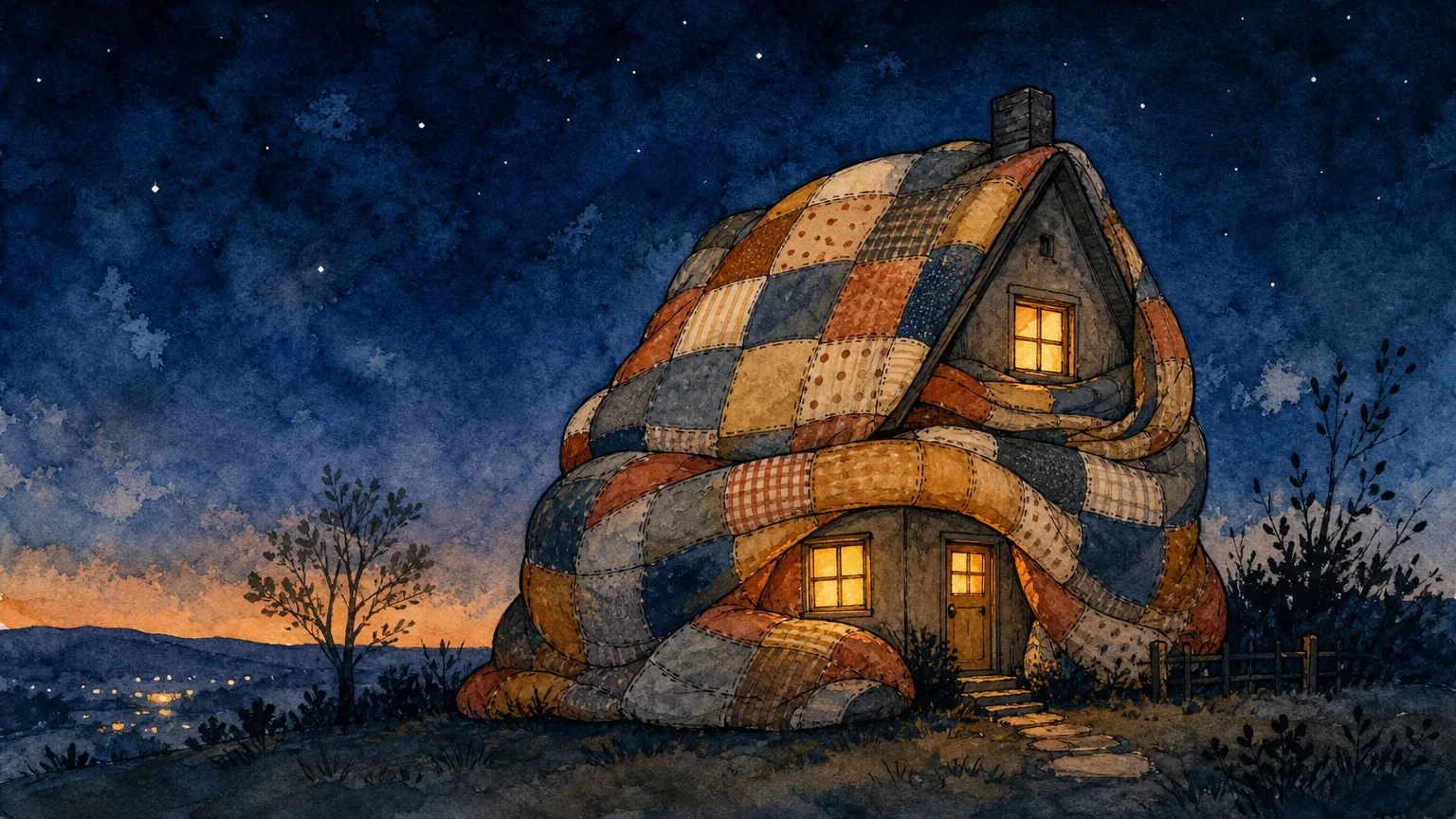 An ink and watercolor illustration of a cozy cottage wrapped in a patchwork quilt under a starry twilight sky.