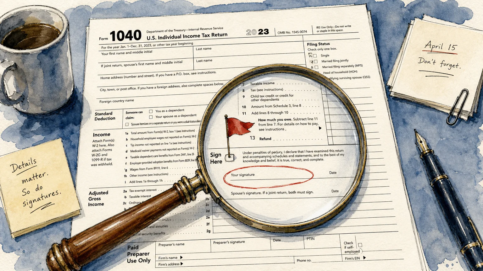 An ink and watercolor illustration of a magnifying glass inspecting a Form 1040, highlighting a red warning flag over an unchecked box.