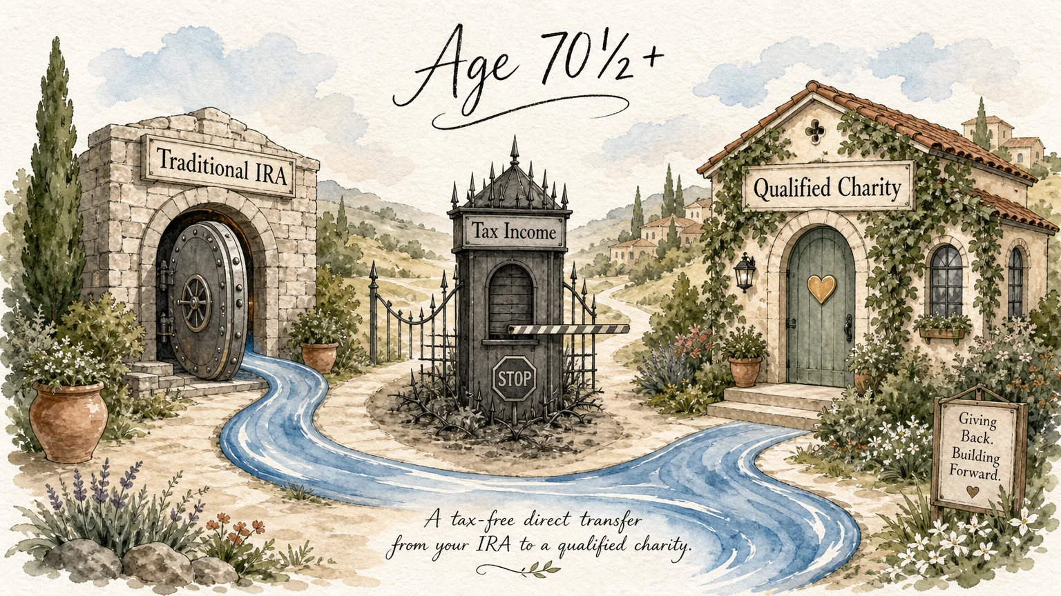 An ink and watercolor illustration of a path going directly from a Traditional IRA safe to a charity building, bypassing a tax tollbooth.