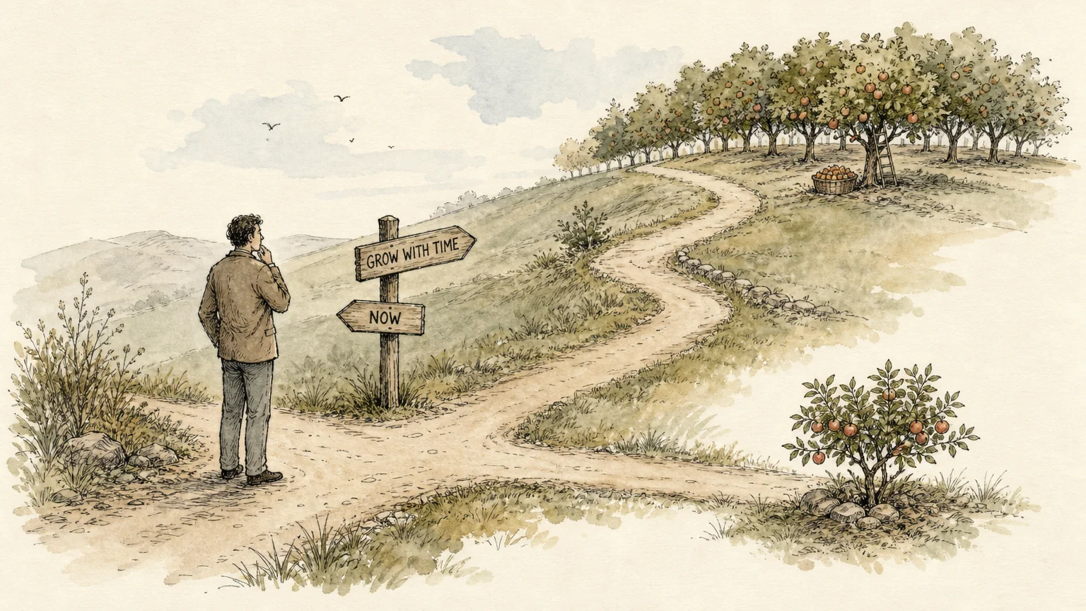 An ink and watercolor illustration of a person choosing between an immediate small harvest and a larger, delayed harvest.