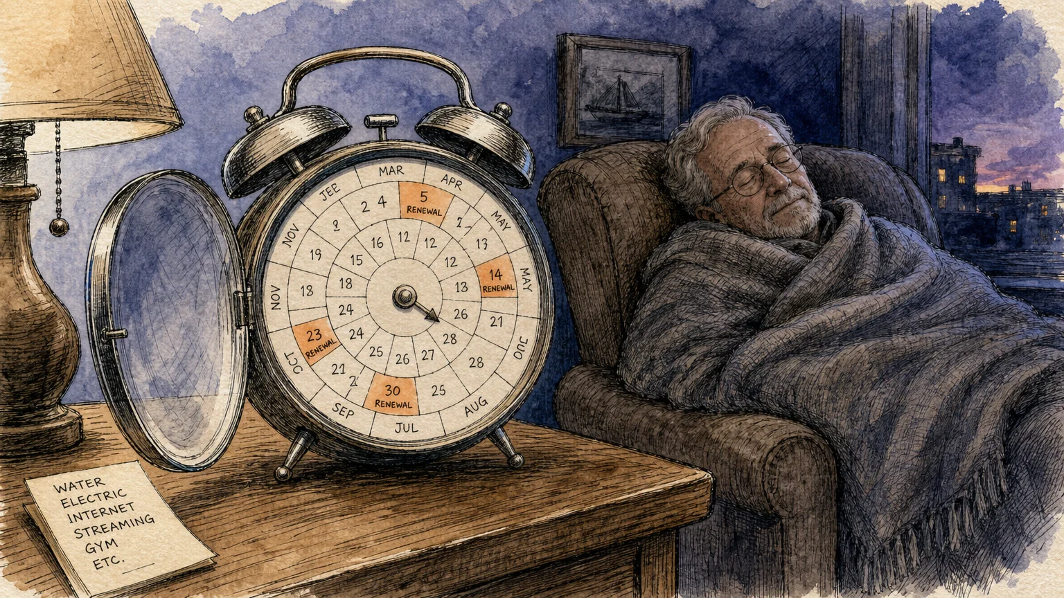 An ink and watercolor illustration of a retro alarm clock with a renewal calendar inside while a person sleeps nearby.