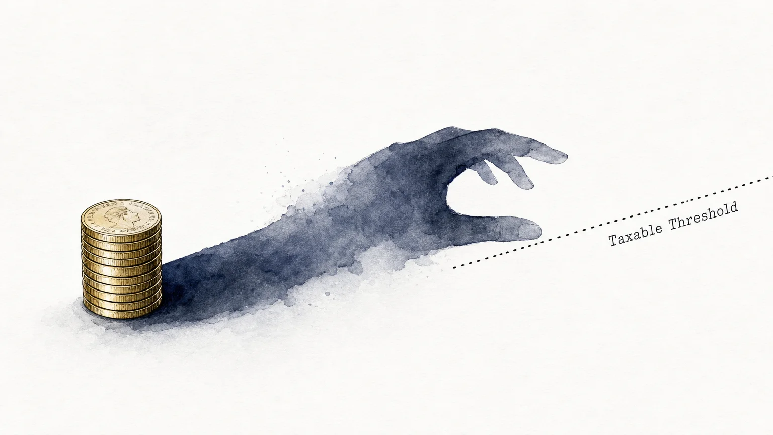 An ink and watercolor illustration of a stack of coins casting a long shadow that reaches toward a taxable threshold line.