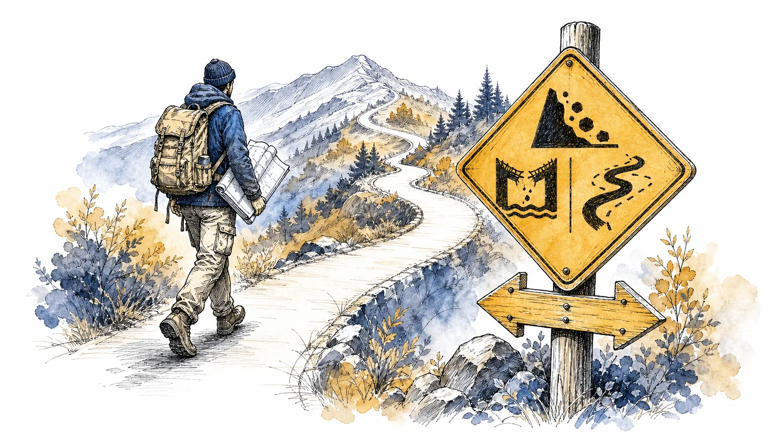 An ink and watercolor illustration of a traveler on a path next to a warning signpost, representing retirement pitfalls.