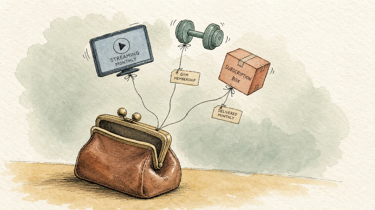 An ink and watercolor illustration of a vintage coin purse with subscription icons floating out like balloons.