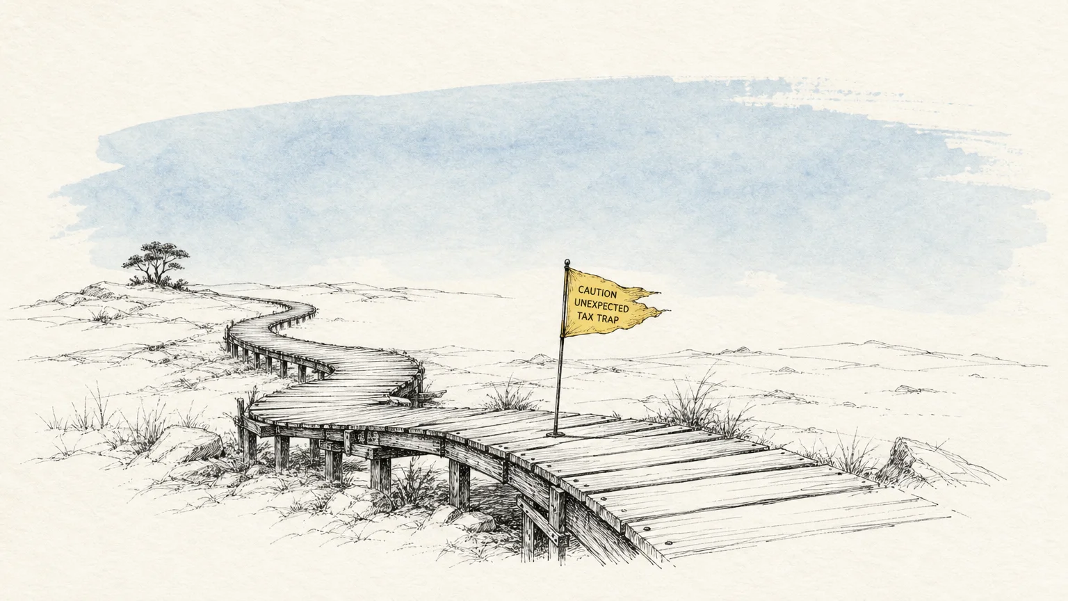 An ink and watercolor illustration of a winding wooden path with a yellow warning flag, symbolizing potential planning pitfalls.