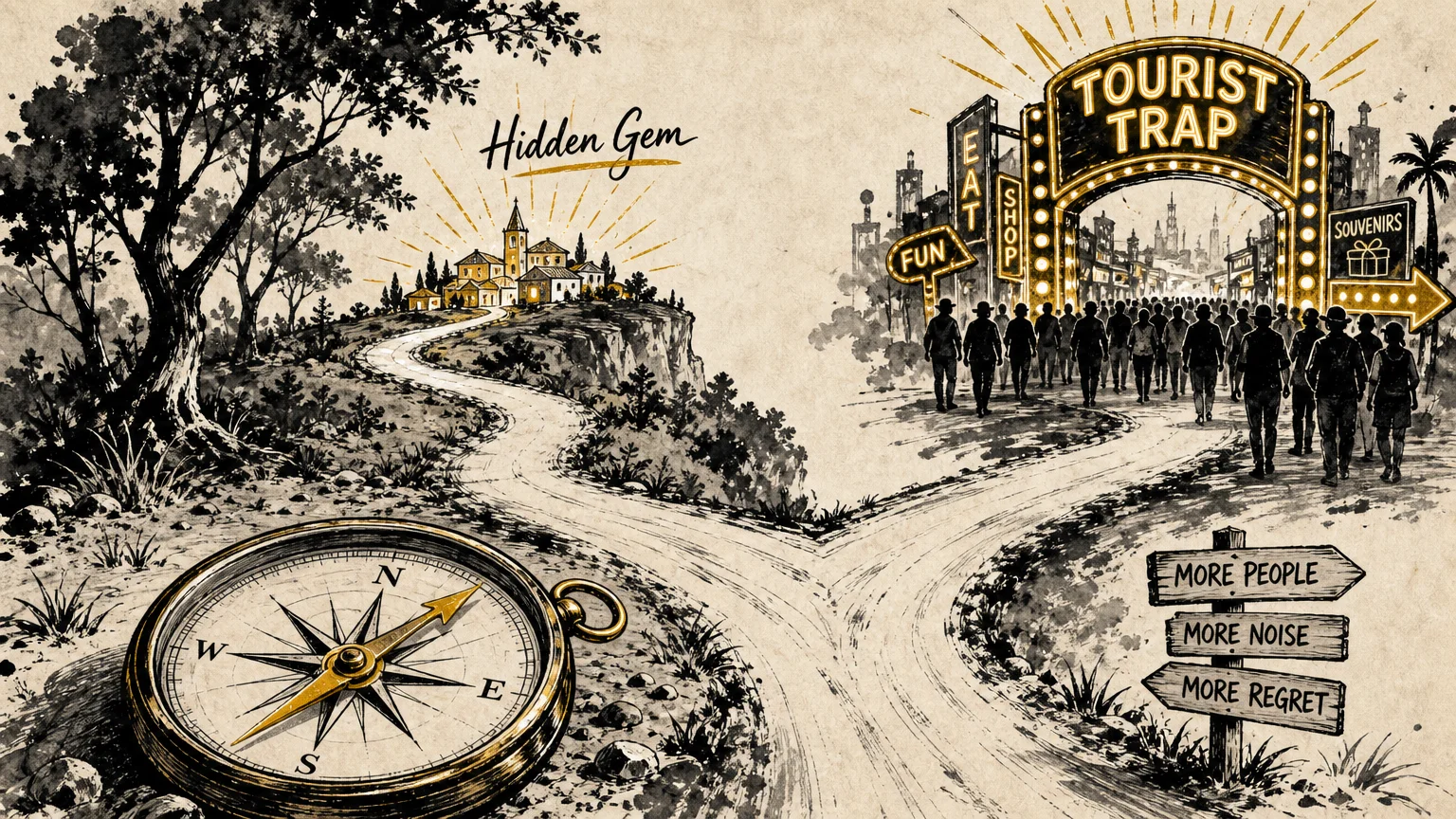 An ink drawing of a fork in the road choosing between a 'Tourist Trap' and a 'Hidden Gem'.