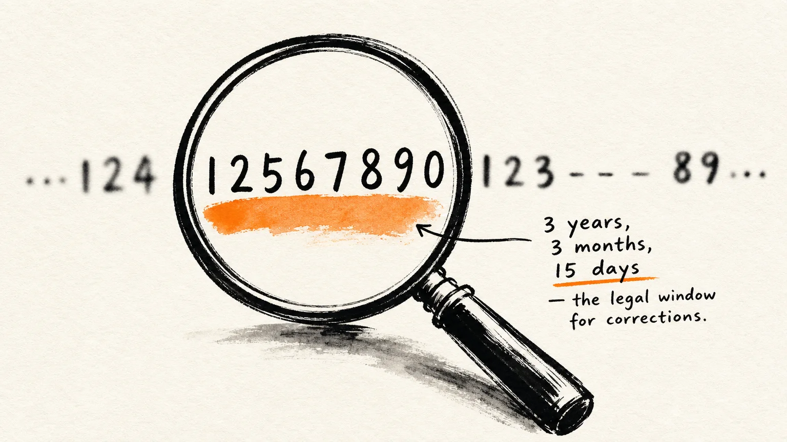 An ink drawing of a magnifying glass focusing on digits, with a note about the three-year correction window.
