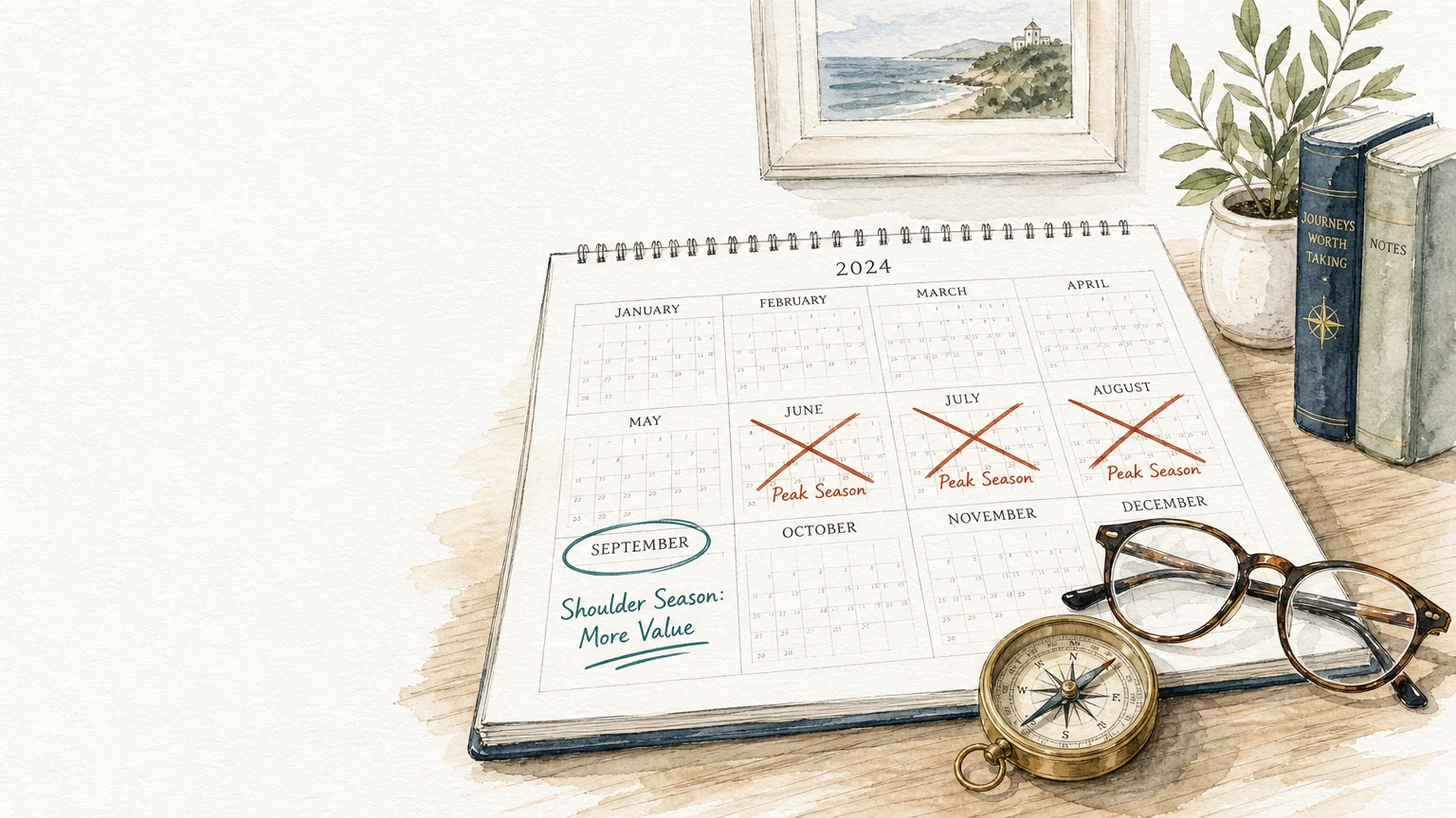 An ink illustration of a calendar showing 'Peak Season' crossed out and 'Shoulder Season' circled to represent retirement travel flexibility