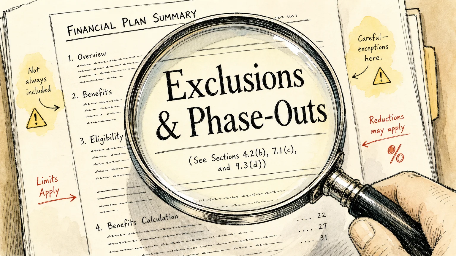 An ink illustration of a magnifying glass highlighting the words 'Exclusions & Phase-Outs' on a document.