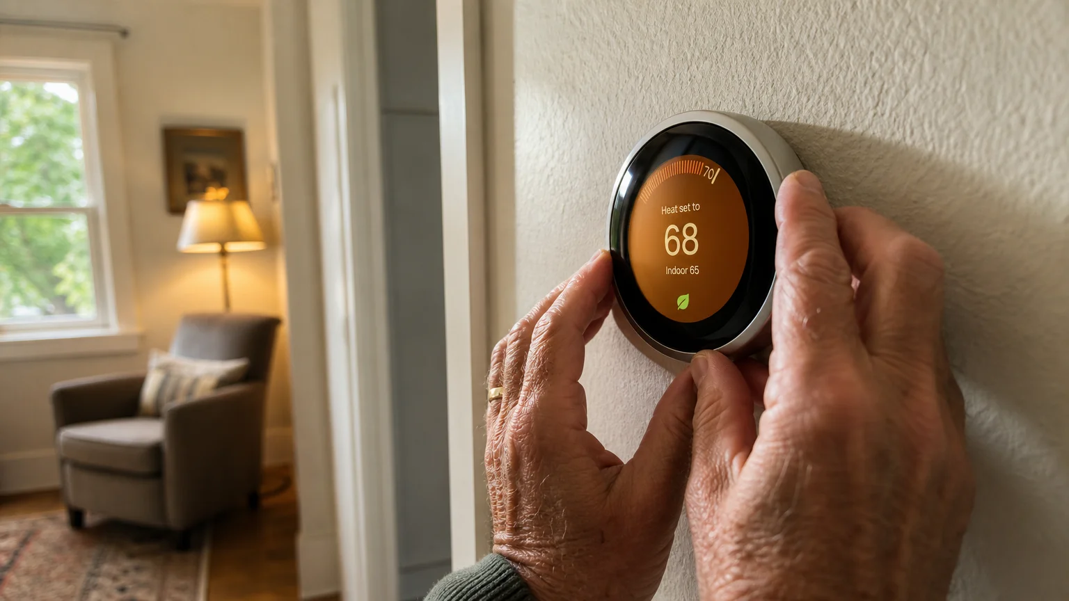 An older adult adjusts a smart home thermostat on the wall, optimizing energy costs in a warm, cozy home.