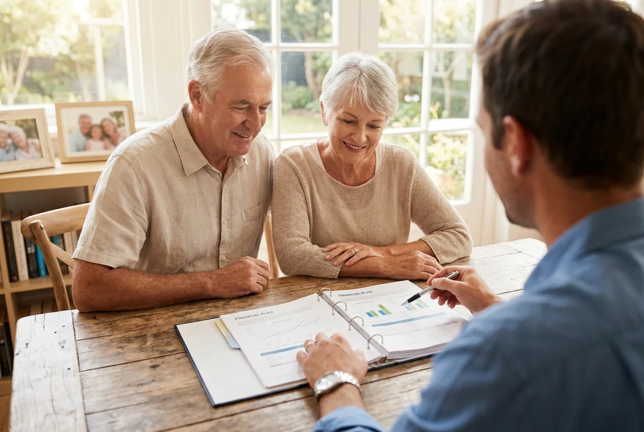 An older couple discussing financial plans with an advisor at a sunny kitchen table.