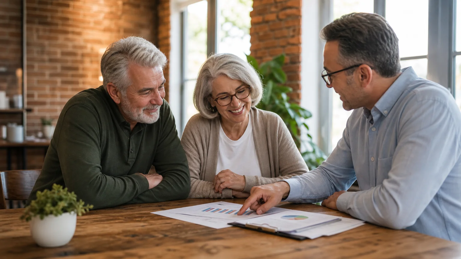 An older couple in casual clothes speaking with a friendly financial advisor in a bright, cozy meeting room.
