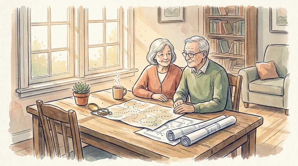 An older couple plans their retirement at a sunny wooden table with maps.