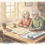 An older couple plans their retirement at a sunny wooden table with maps.