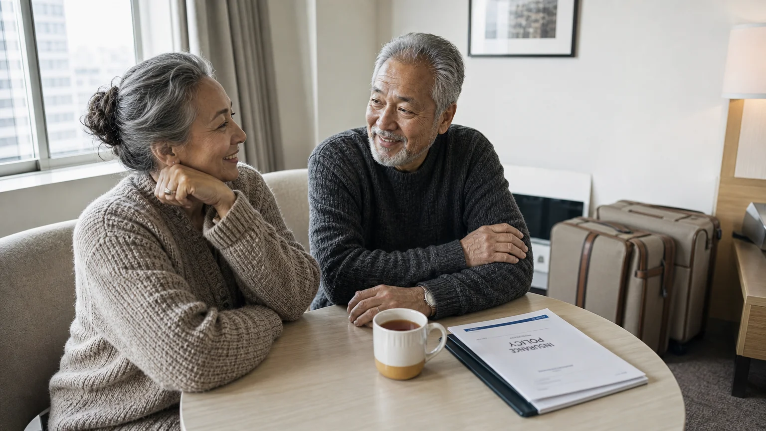 An older couple sitting at a table in a modern temporary apartment with suitcases, looking over paperwork together.
