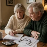 An older couple sitting at a wooden kitchen table reviewing organized tax documents in warm morning light, representing tax planning.