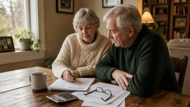 An older couple sitting at a wooden kitchen table reviewing organized tax documents in warm morning light, representing tax planning.
