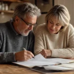 An older couple sitting at a wooden kitchen table reviewing retirement paperwork together in soft morning light.
