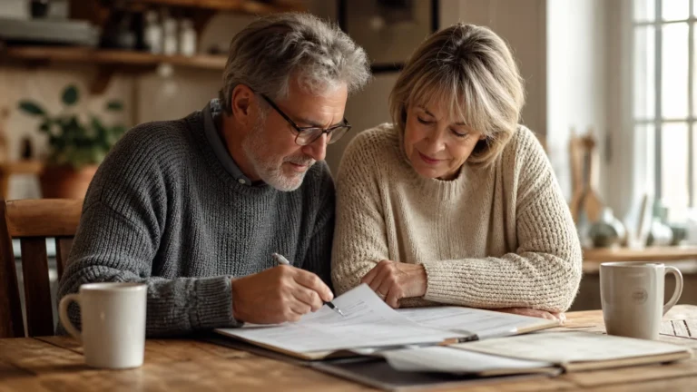 An older couple sitting at a wooden kitchen table reviewing retirement paperwork together in soft morning light.