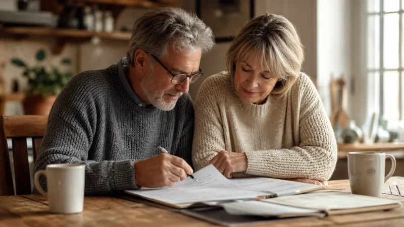 An older couple sitting at a wooden kitchen table reviewing retirement paperwork together in soft morning light.